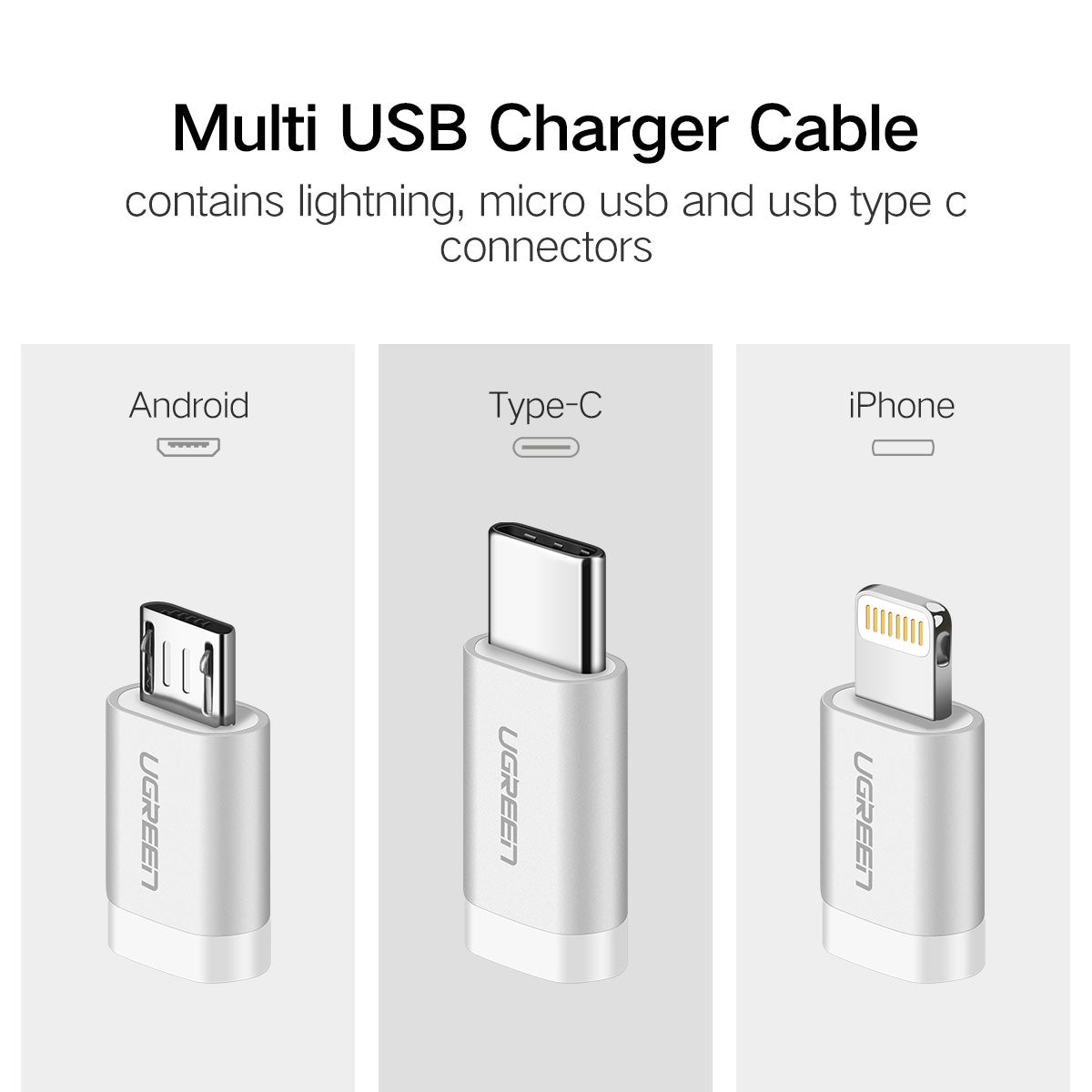 UGREEN 3-in-1 USB Cable 1.5M USB 2.0 Multifunction Braided USB A to USB C Lightning Micro USB Charging Data Cable (50203) Ugreen