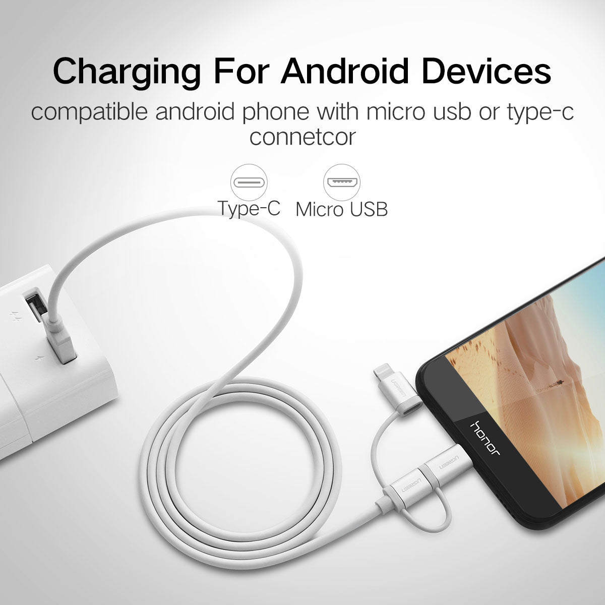 UGREEN 3-in-1 USB Cable 1.5M USB 2.0 Multifunction Braided USB A to USB C Lightning Micro USB Charging Data Cable (50203) Ugreen