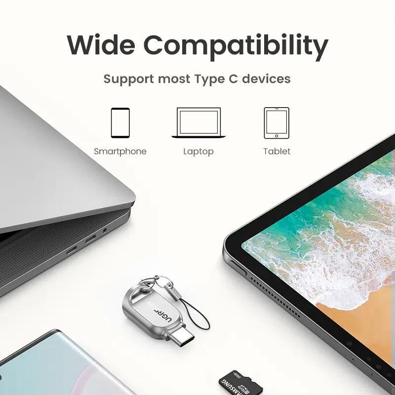 UGREEN USB-C Micro SD Card Reader OTG TF Adapter Zinc Alloy Android iPadOS Windows MacOS Linux Silver (15513) Ugreen