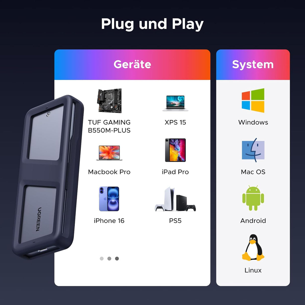 UGREEN M.2 NVMe SATA SSD Enclosure 20Gbps RGB USB C 3.2 Gen 2x2 M Key B+M 2280 MacBook M4 iPhone 16 Pro PS5 Switch (25665) Ugreen