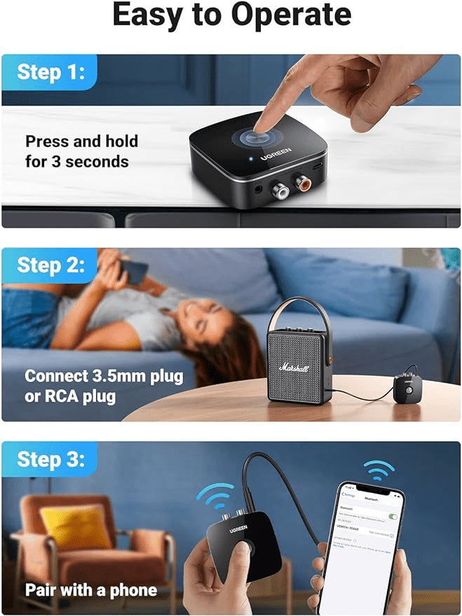 UGREEN Bluetooth AUX Adapter Built-in Battery, Support Dual Pairs Bluetooth 5.3 Receiver for Old Stereo, 3.5mm/ RCA Dual Channel for Home Stereo Speakers