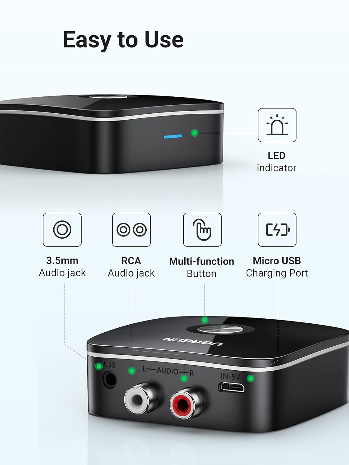 UGREEN Bluetooth AUX Adapter Built-in Battery, Support Dual Pairs Bluetooth 5.3 Receiver for Old Stereo, 3.5mm/ RCA Dual Channel for Home Stereo Speakers