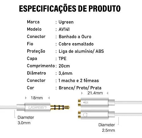 UGREEN 3.5mm Audio Y Splitter Cable Male to 2 Female Earphone Headset Adapter PS4 Xbox Laptop Phone PC Gaming MIC Gray (30619) Ugreen