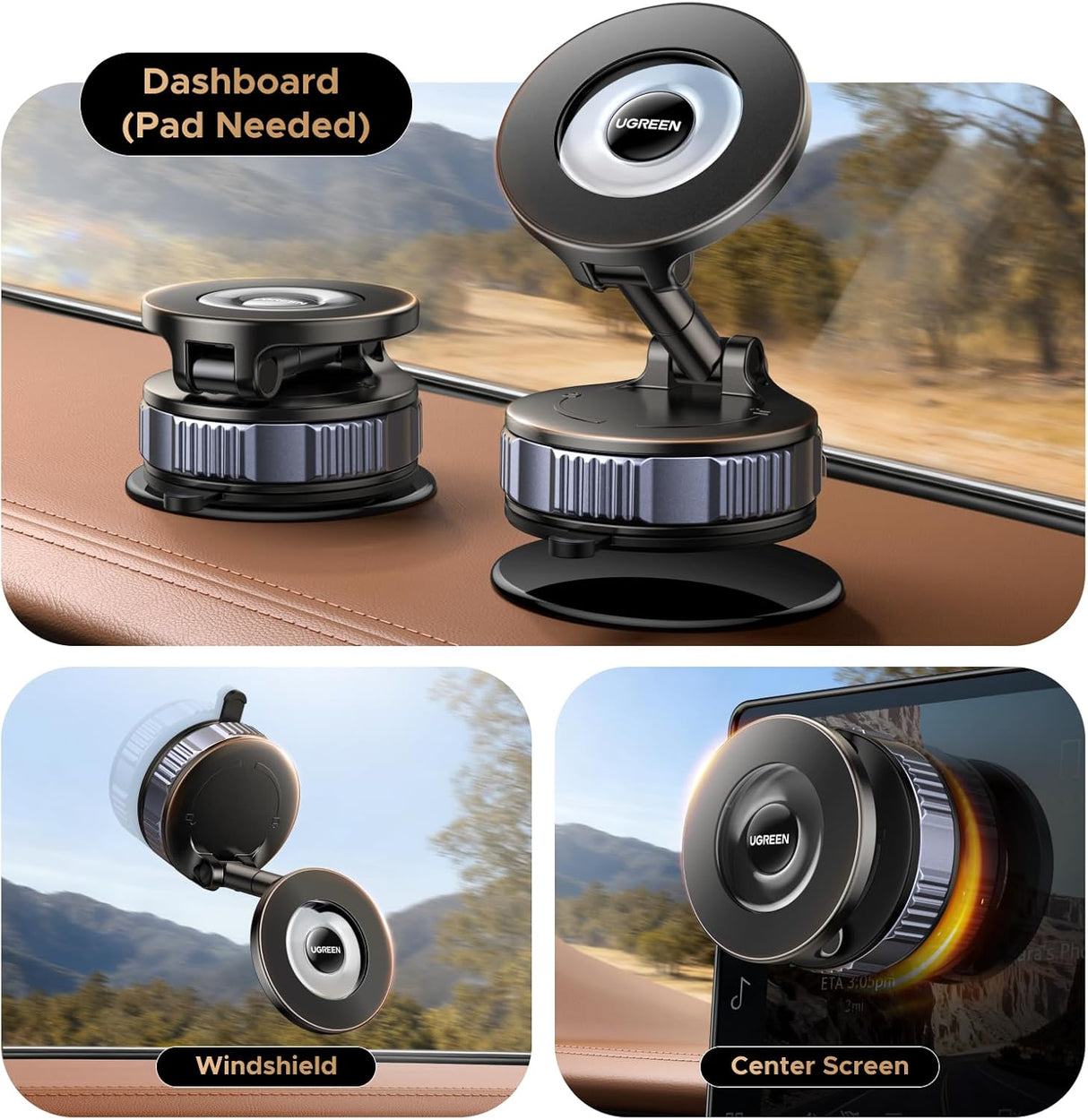 UGREEN 75666 MagSafe Car Phone Mount with 22× N52 Magnets, 360° Rotation, Vacuum Suction Base & Foldable Arm – LP970