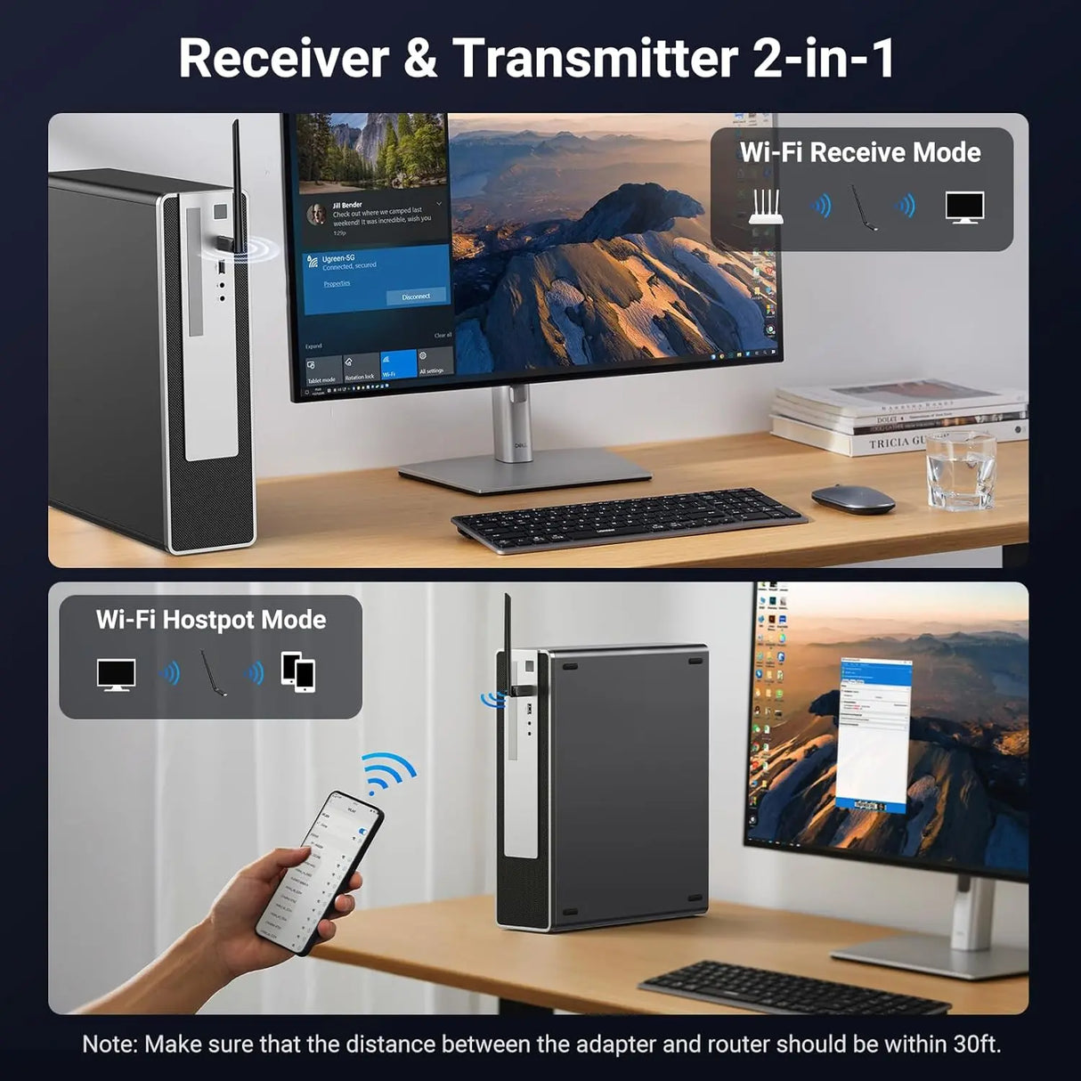 UGREEN WiFi 6 USB Adapter AX900 Dual Band 5GHz 2.4GHz Wireless Network Dongle 6dBi Antenna PC Laptop Compatible (35265) Ugreen