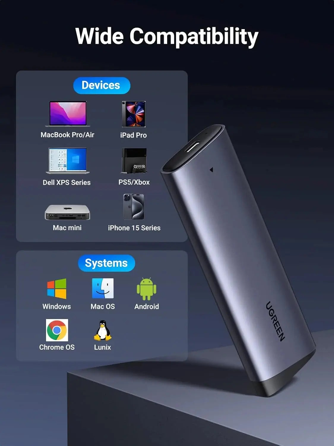 UGREEN M.2 NVMe Enclosure 10Gbps USB C 3.2 Gen 2 M Key B Key Aluminum PCIe External Reader UASP Trim 2230 2242 2280 (35267) Ugreen