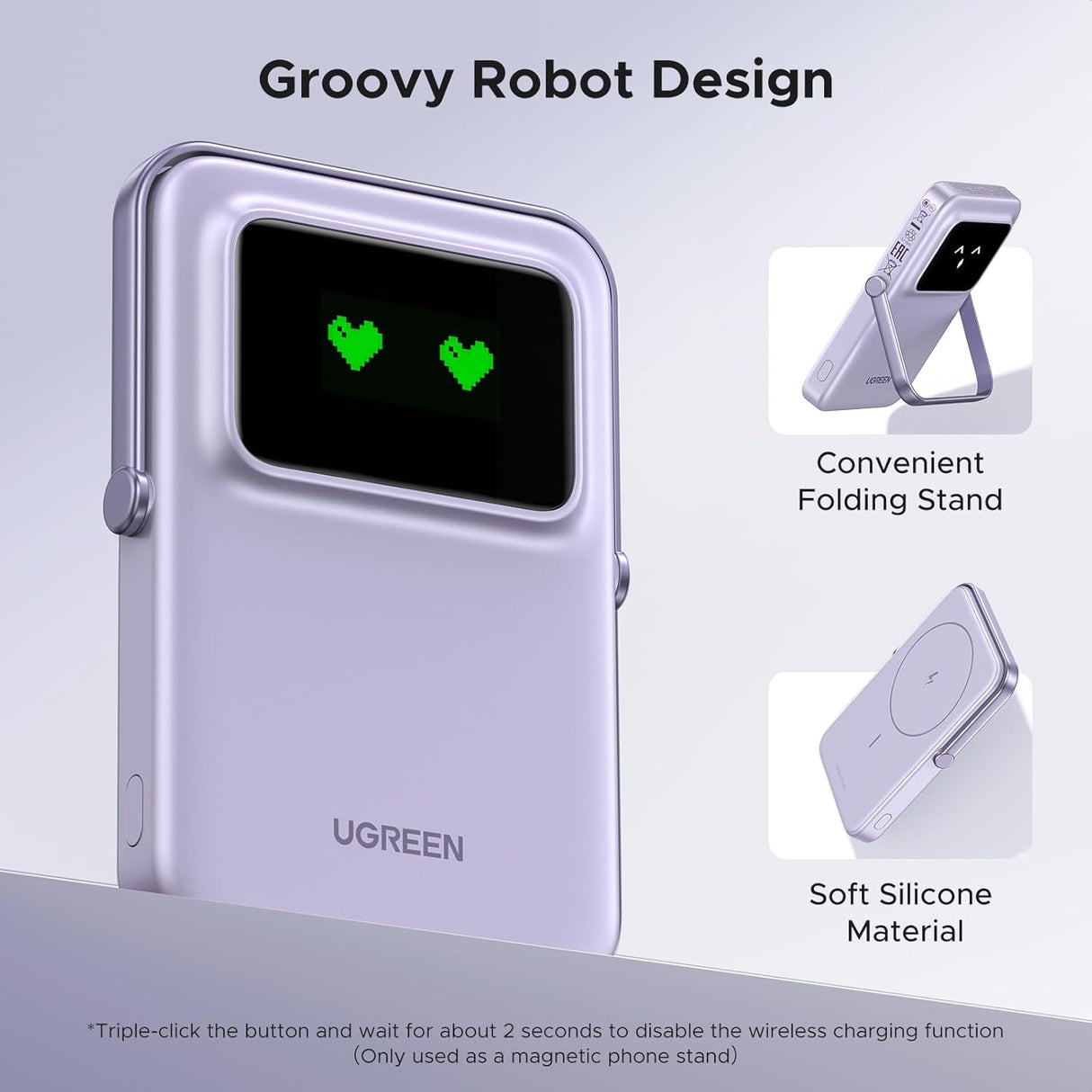 UGREEN Uno MagSafe Power Bank 5000mAh Magnetic 20W Fast Charging Foldable Stand Emoji TFT Display iPhone 16 15 14 Purple (35606) Ugreen