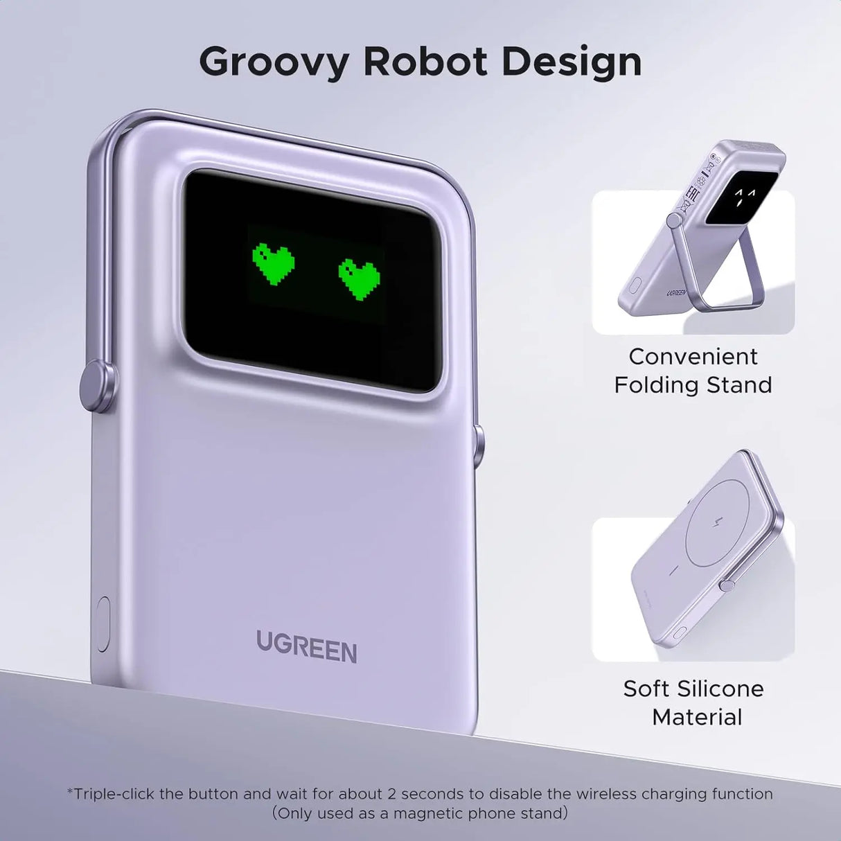 UGREEN Uno MagSafe Power Bank 5000mAh Magnetic 20W Fast Charging Foldable Stand Emoji TFT Display iPhone 16 15 14 Purple (35606) Ugreen