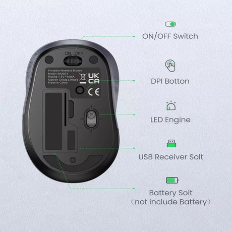 UGREEN 2.4G Silent Wireless Optical Mouse Metal Scroll USB Receiver 2400 DPI PC Laptop Computer Chromebook MacBook (90371) Ugreen