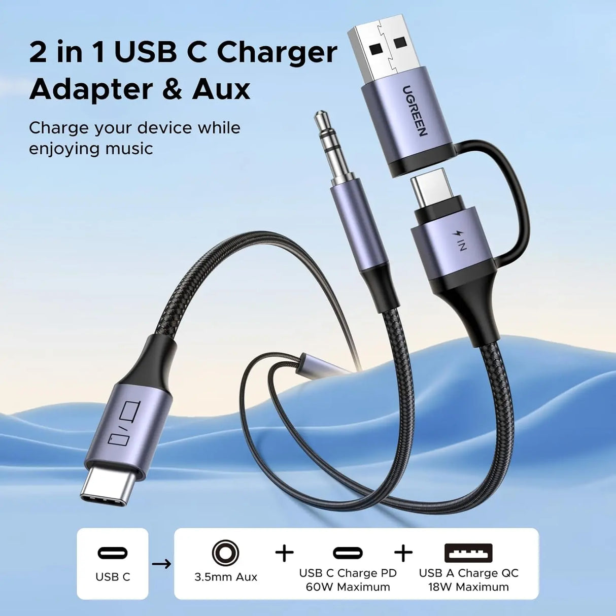 UGREEN USB C to 3.5mm Audio Cable Charger 2 in 1 Hi-Res Type-C AUX Headphone Adapter Car Stereo Music Cable (45009)