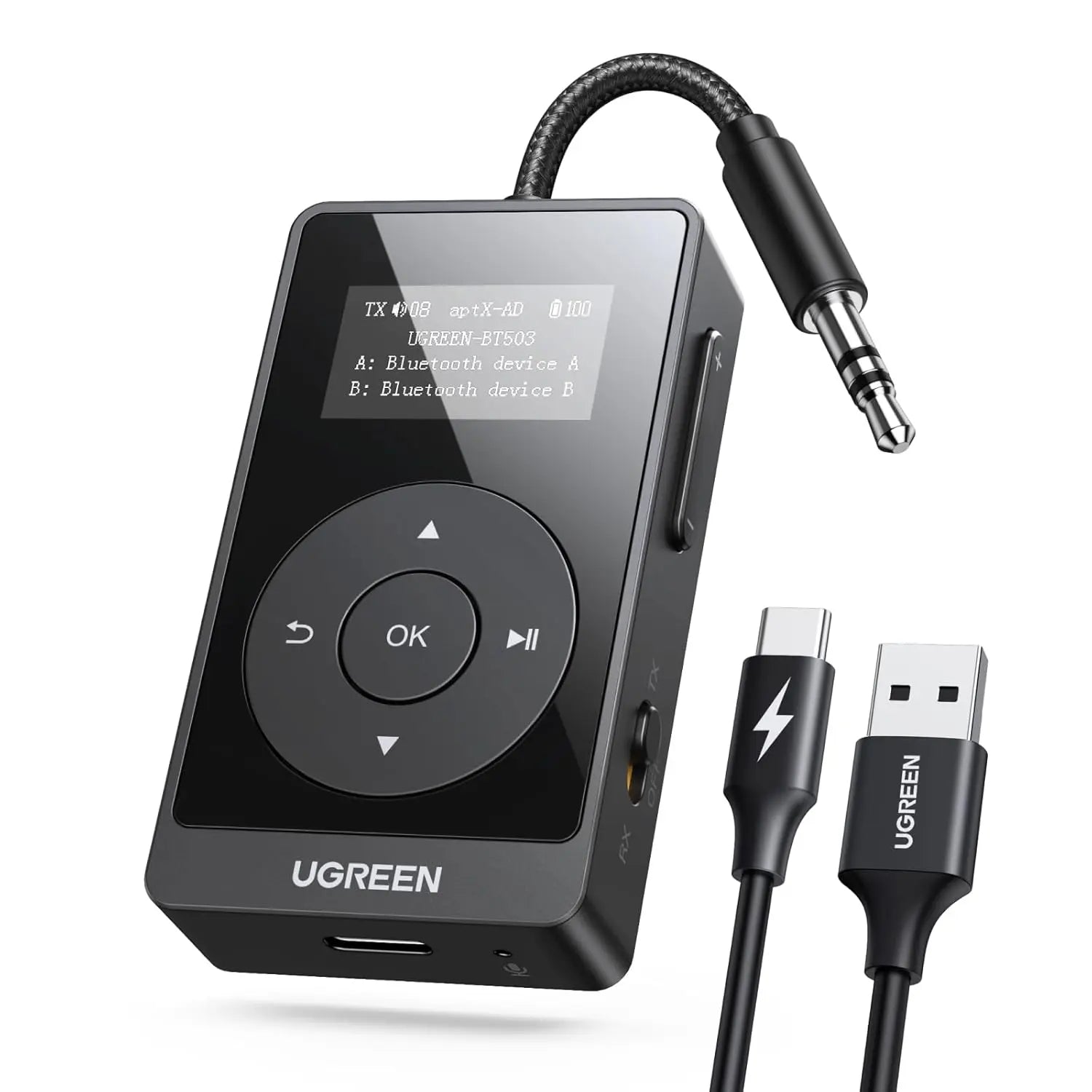 UGREEN Bluetooth 5.3 Transmitter Receiver aptX Low Latency 2-in-1 Wireless Audio Adapter TV Car Stereo Headphones (45492)