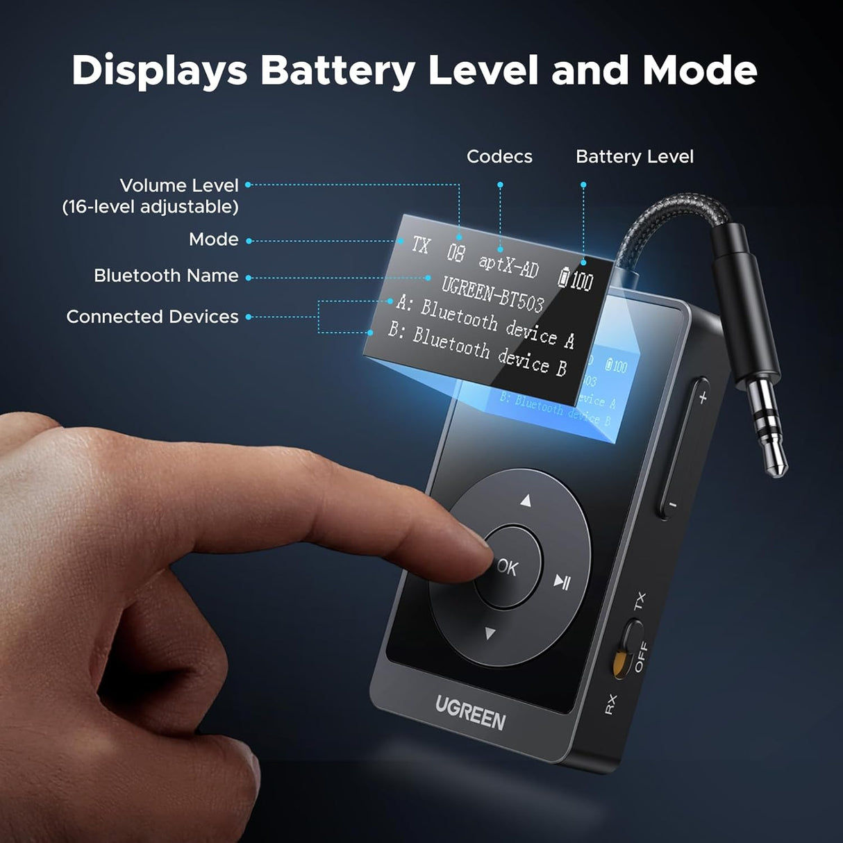 UGREEN Bluetooth 5.3 Transmitter Receiver aptX Low Latency 2-in-1 Wireless Audio Adapter TV Car Stereo Headphones (45492) Ugreen