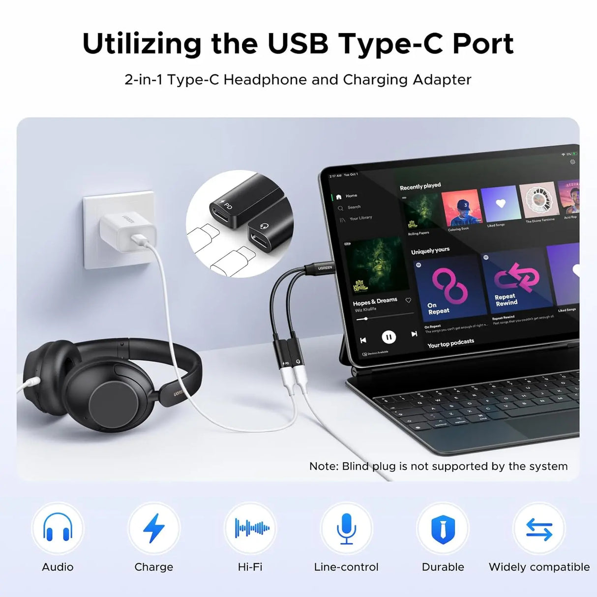 UGREEN Magnetic USB C Splitter 1 to 2 Dual Port Headphone Charger Type-C Audio Adapter Charge Listen Simultaneously (45800) Ugreen