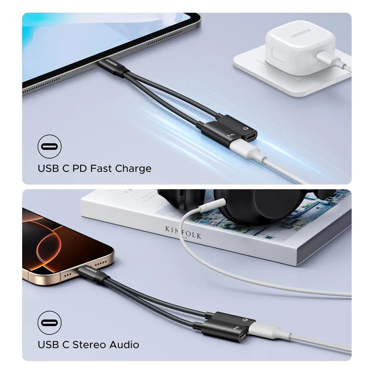 UGREEN Magnetic USB C Splitter 1 to 2 Dual Port Headphone Charger Type-C Audio Adapter Charge Listen Simultaneously (45800) Ugreen