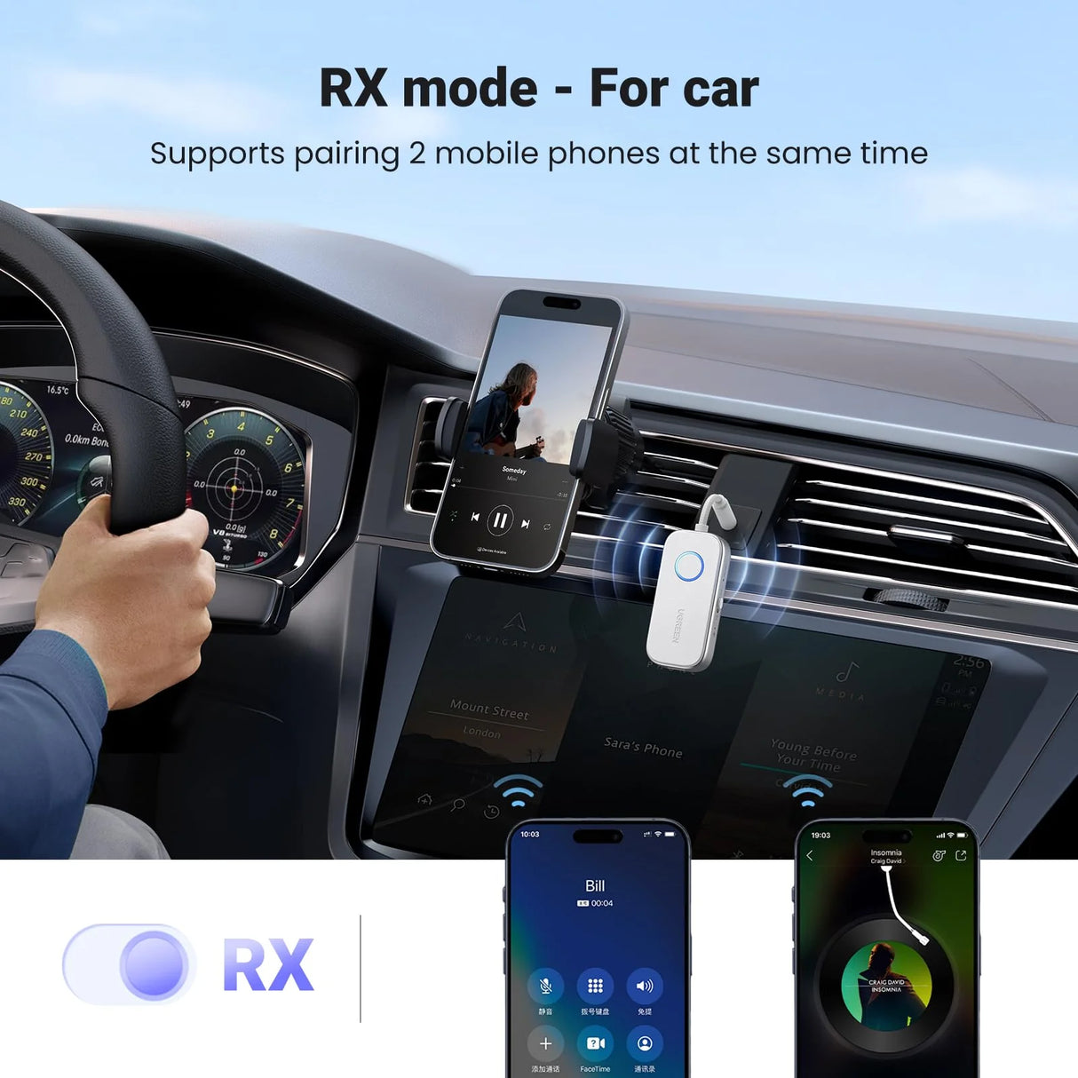 UGREEN Bluetooth 5.4 Transmitter and Receiver 2-in-1 Wireless Audio Adapter for TV, Car, Airplane & Headphones (45812)
