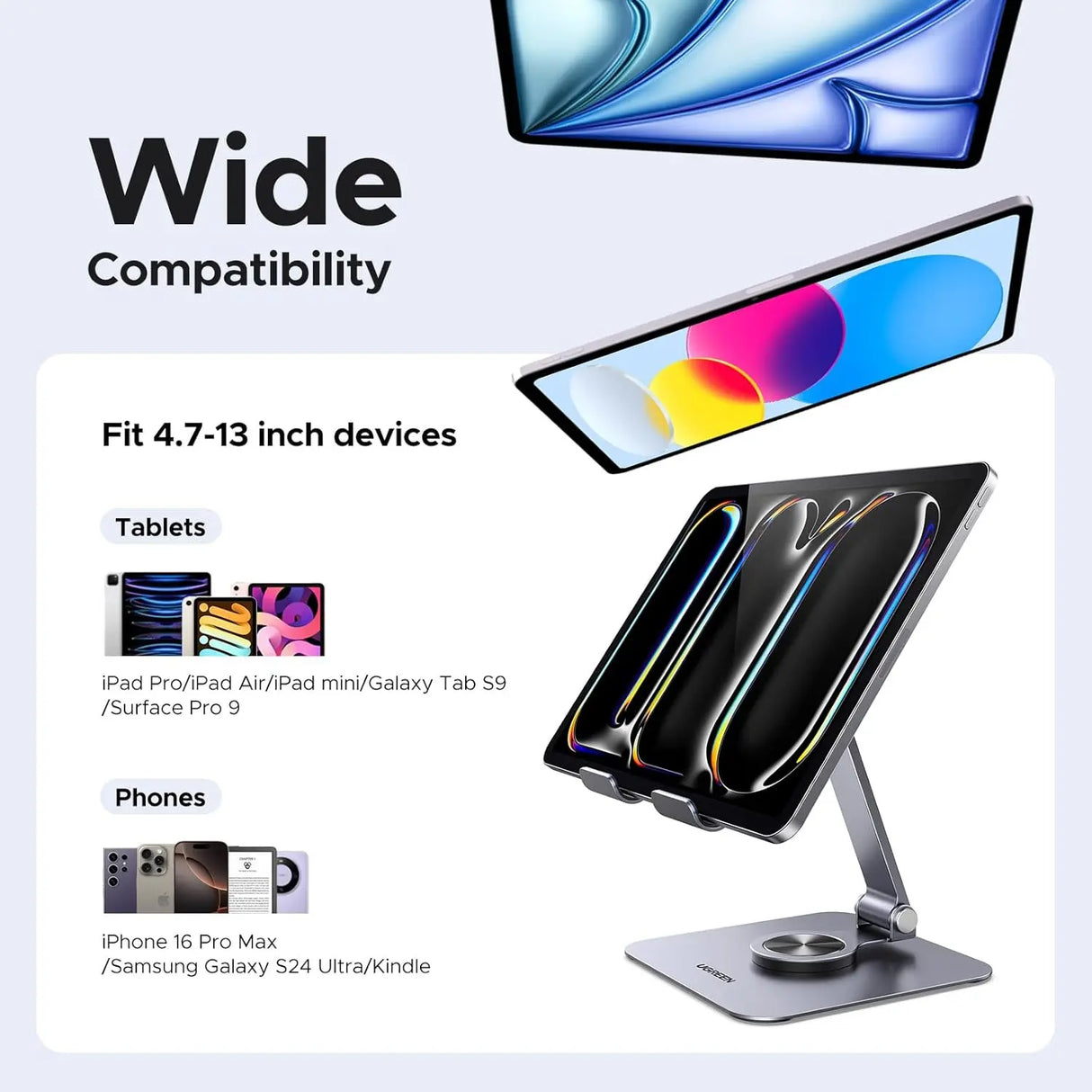 UGREEN Tablet Stand Holder Desk 360° Rotating Aluminum Adjustable Multi-Angle Home Office iPad Pro Air Mini 13 12.9 11 (45860) Ugreen