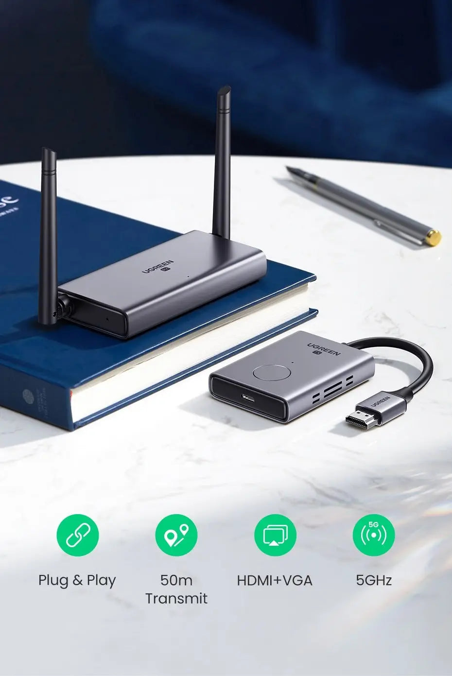 UGREEN 50M Wireless HDMI VGA Extender Transmitter Receiver 1080P 60Hz 5GHz Long Range Display Adapter Kit 50633A Ugreen