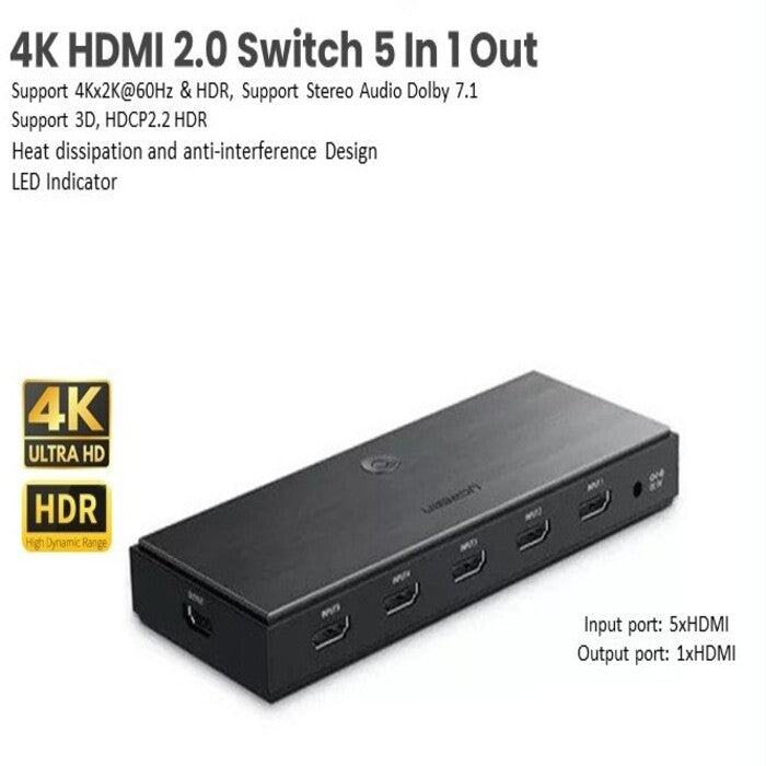 UGREEN 5-in-1 HDMI 2.0 Switch, 5 Input 1 Output HDMI Splitter with Remote, Supports 4K@60Hz, HDR, 3D, HDCP 2.2, Compatible with TV, Monitor, Projector, PS5, Xbox, Blu-ray, Fire Stick, Laptop – Black (50710) Ugreen