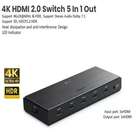 UGREEN 5-in-1 HDMI 2.0 Switch, 5 Input 1 Output HDMI Splitter with Remote, Supports 4K@60Hz, HDR, 3D, HDCP 2.2, Compatible with TV, Monitor, Projector, PS5, Xbox, Blu-ray, Fire Stick, Laptop – Black (50710) Ugreen