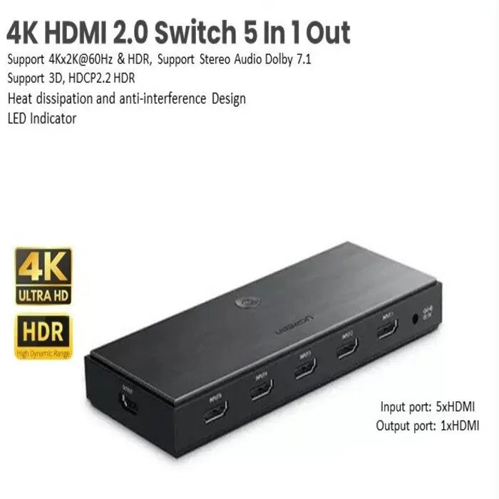 UGREEN 5-in-1 HDMI 2.0 Switch, 5 Input 1 Output HDMI Splitter with Remote, Supports 4K@60Hz, HDR, 3D, HDCP 2.2, Compatible with TV, Monitor, Projector, PS5, Xbox, Blu-ray, Fire Stick, Laptop – Black (50710) Ugreen