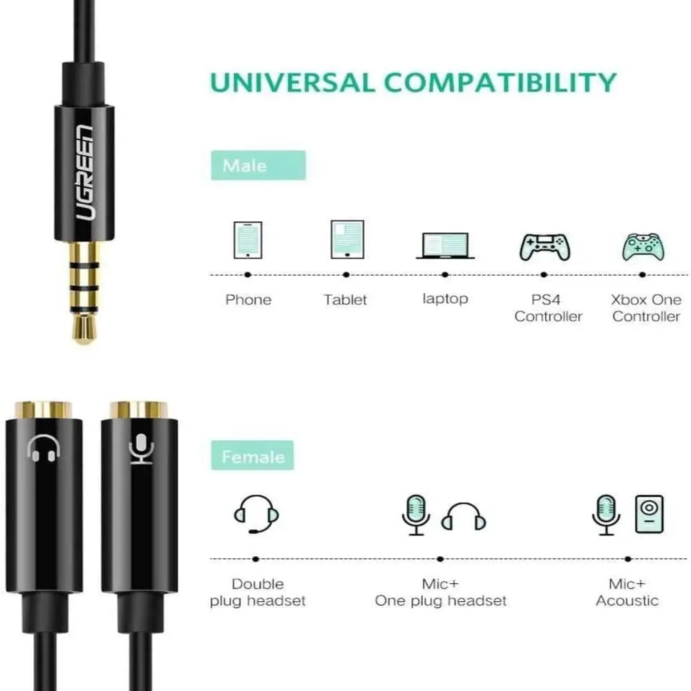 UGREEN 20cm 3.5mm TRRS 4-Pole Male to 2 Female Headphone Mic Splitter Cable ABS Case Audio Jack Adapter Headset 10789 Ugreen