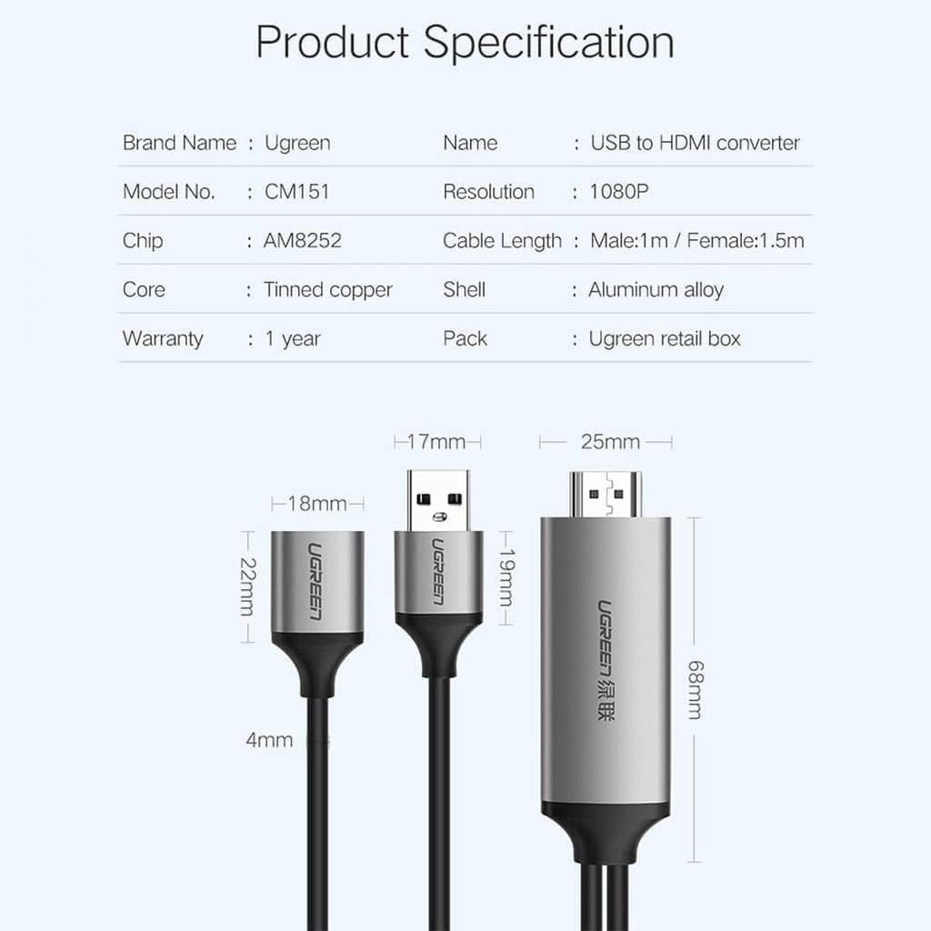 UGREEN 1.5M USB-A Female to HDMI Male Adapter Cable USB to HDMI Converter Streaming Video Laptop PC TV Projector 50291 Ugreen