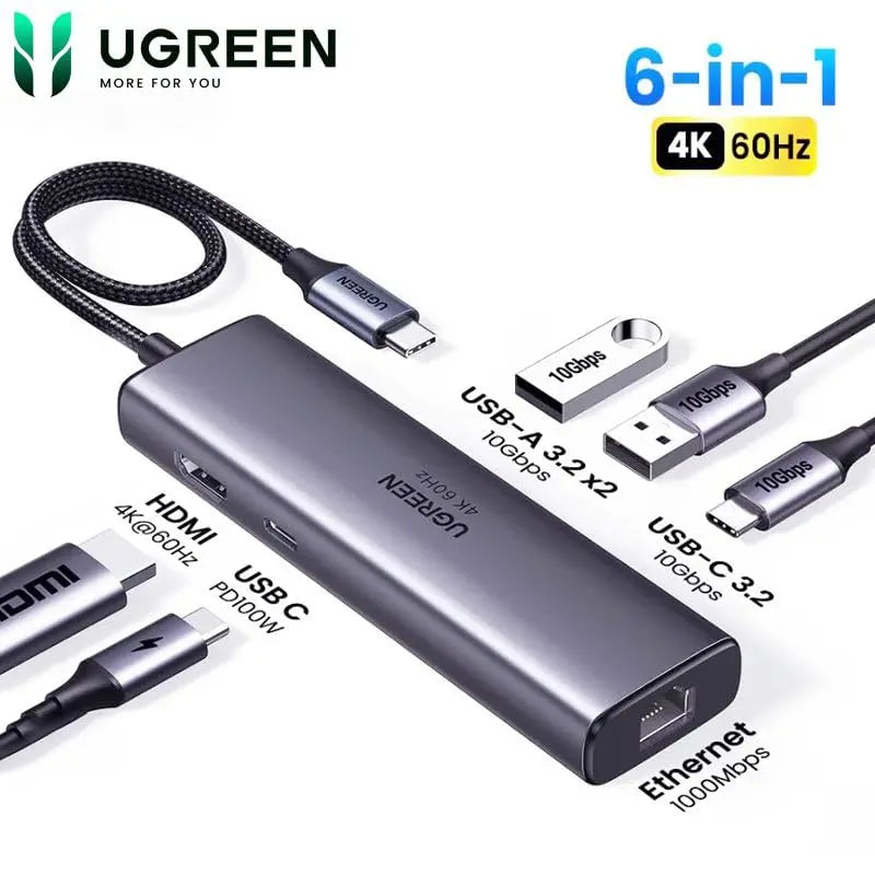 UGREEN 6-in-1 Multifunctional USB-C Hub HDMI 2 USB-A 3.2 1 USB 3.2 C RJ45 100W PD Ethernet Dock Multi Port (45000) Ugreen
