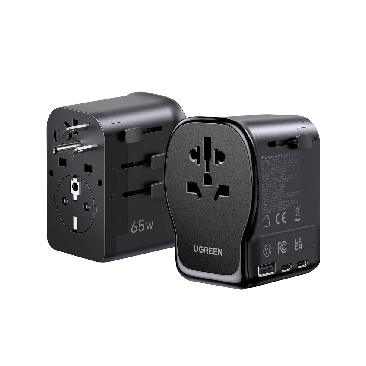 UGREEN 55001 Universal Travel Adapter GaN 65W with USB-C PD, USB-A, AC Outlet, Grounded Plug & Retractable Pins