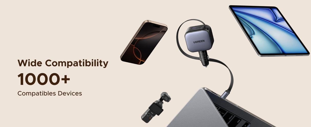 Ugreen 145W Nexode Fast Car Charger With Retractable Cable (2 USB-C, 1 USB-A) Laptops, Tablets, Phones(55910B)