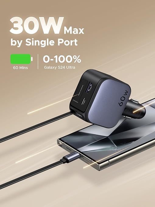 Ugreen 60W Nexode Fast Car Charger With Retractable Cable (1 USB-C 1USB-A) Tablets, Phones (55212B)