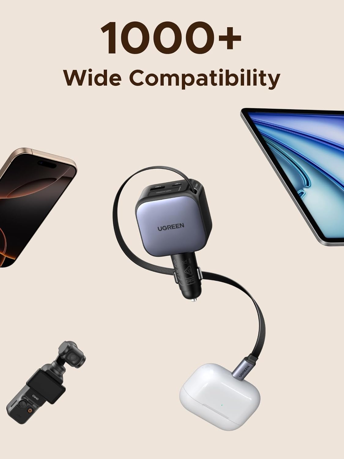 Ugreen 60W Nexode Fast Car Charger With Retractable Cable (1 USB-C 1USB-A) Tablets, Phones (55212B)