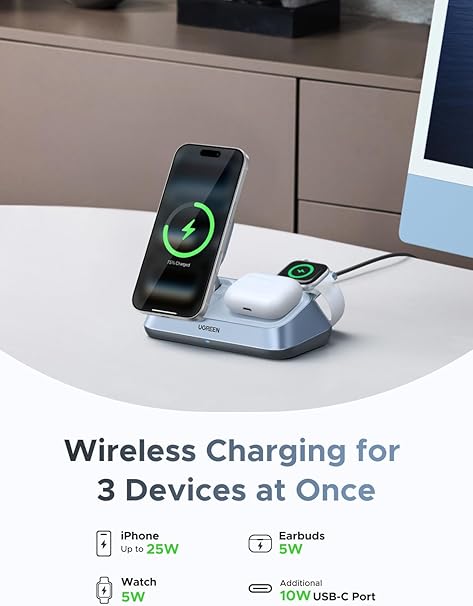 Ugreen 25W MagFlow 3-in-1 Magnetic Wireless Charger iPhone 12 and Later, AirPods 2 and Later, Apple Watch(55676)
