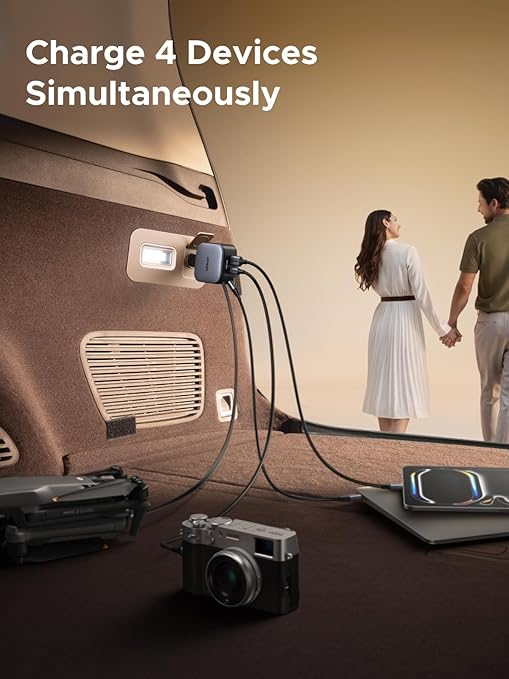 Ugreen 145W Nexode Fast Car Charger With Retractable Cable (2 USB-C, 1 USB-A) Laptops, Tablets, Phones(55910B)