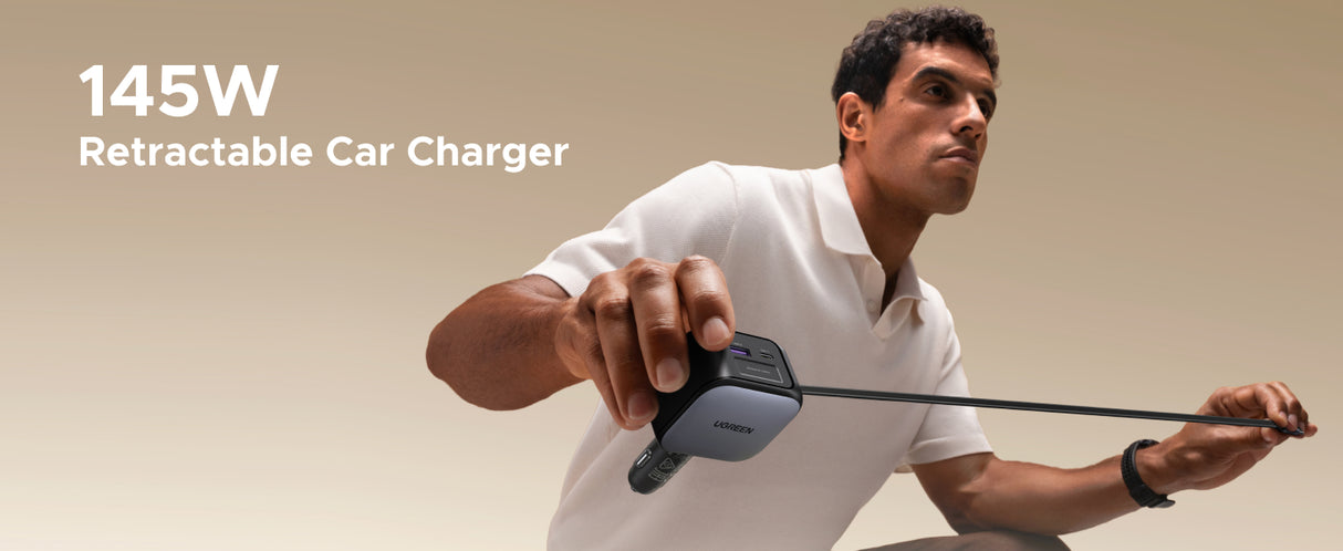 Ugreen 145W Nexode Fast Car Charger With Retractable Cable (2 USB-C, 1 USB-A) Laptops, Tablets, Phones(55910B)