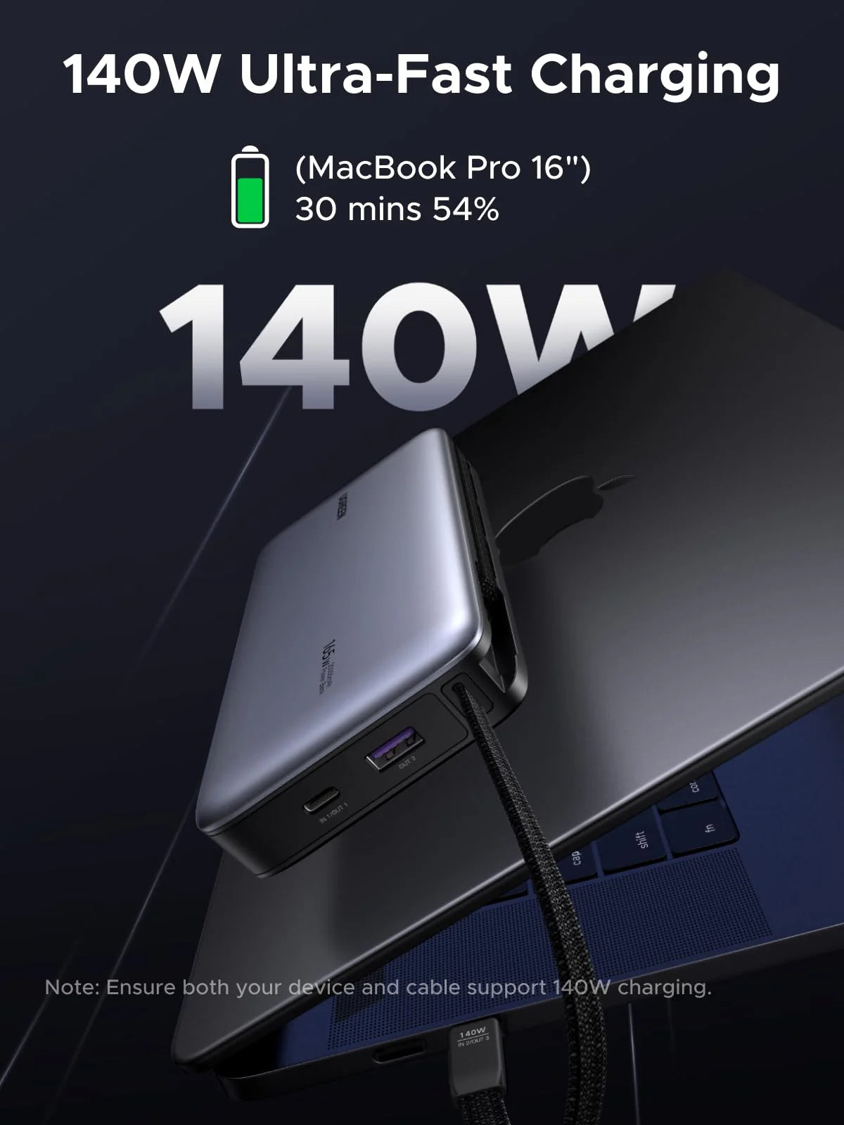 UGREEN PB552 showing 165W dual-cable charging at 100W plus 65W
