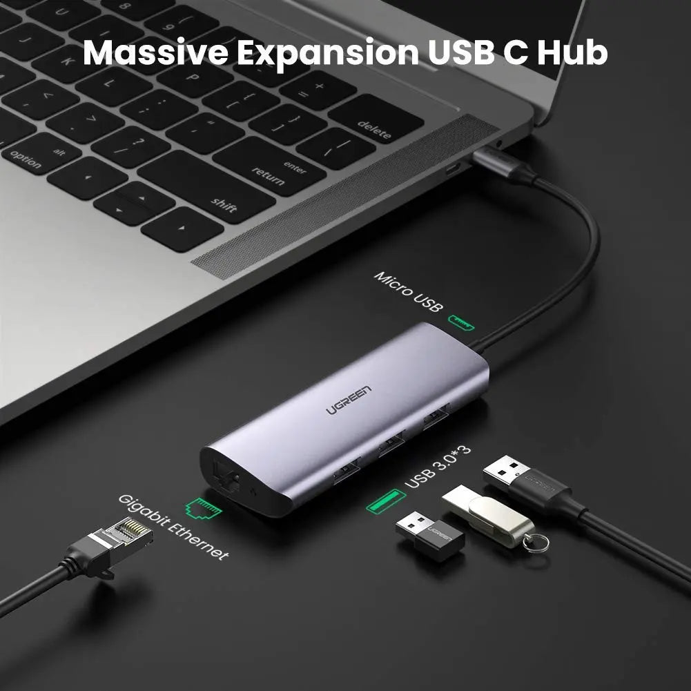 UGREEN USB C से 3 पोर्ट USB 3.0 डॉक गीगाबिट ईथरनेट के साथ, मैकबुक प्रो एयर, डेल एक्सपीएस 15 13, क्रोमबुक पिक्सेल, सरफेस बुक 2, सैमसंग S10 S9 प्लस S8 नोट 9 8 आदि के लिए माइक्रो USB पावर। (60718)