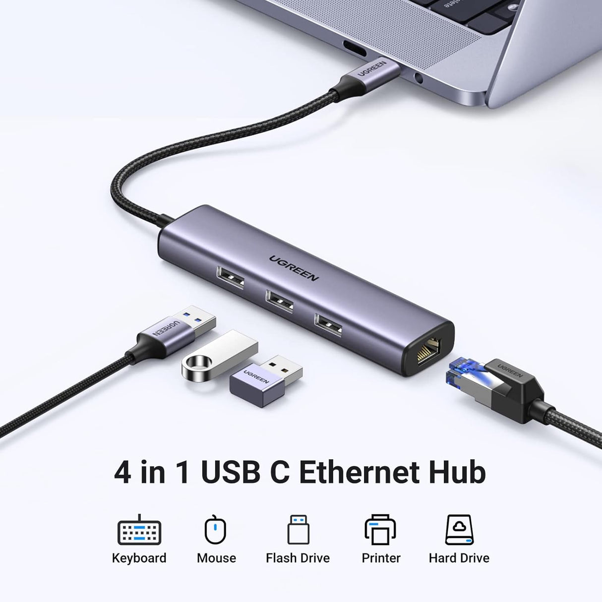 UGREEN 4-in-1 USB C Ethernet Adapter Thunderbolt 3 USB 3.0 Gigabit RJ45 Hub MacBook Pro Air iMac iPad Surface XPS (60600) Ugreen
