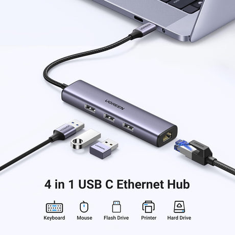 UGREEN 4-in-1 USB C Ethernet Adapter Thunderbolt 3 USB 3.0 Gigabit RJ45 Hub MacBook Pro Air iMac iPad Surface XPS (60600) Ugreen