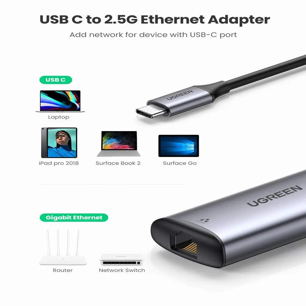 UGREEN USB C Ethernet Adapter 2.5G Thunderbolt 3 RJ45 Network Aluminum Case MacBook Pro iPad Pro Dell XPS Surface Windows 70446 Ugreen