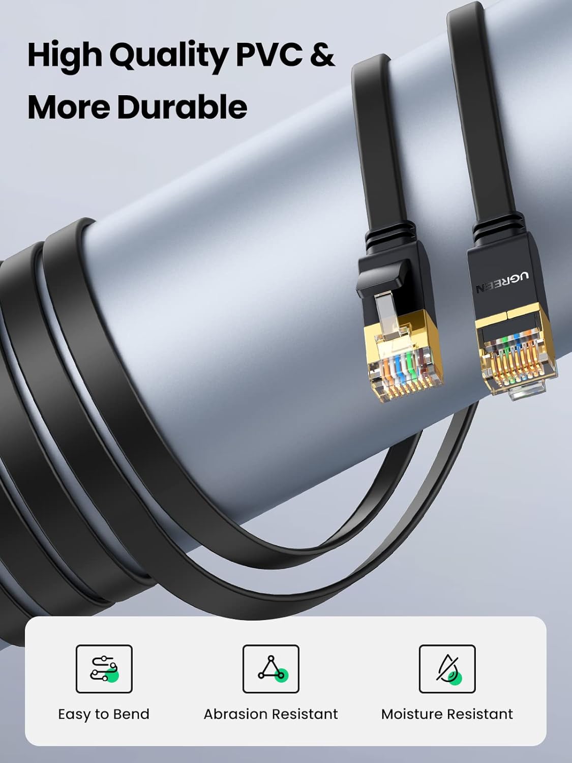 UGREEN NW106 3M Cat 7 Flat Ethernet Cable – 10Gbps 600MHz Shielded RJ45 LAN Cable (11262)