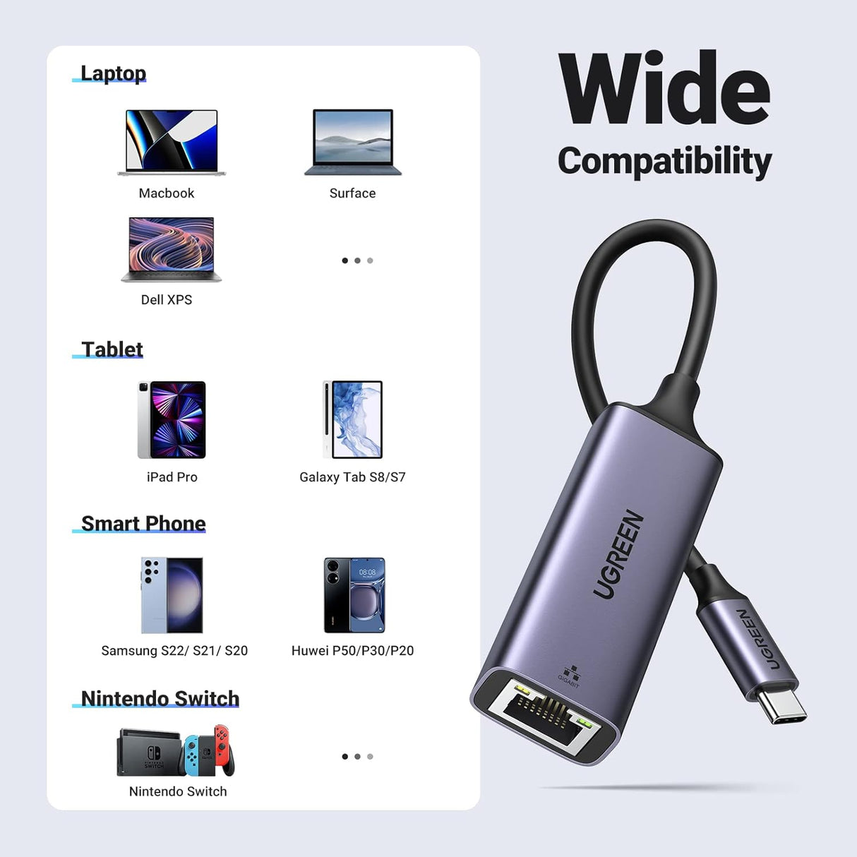 UGREEN USB C Ethernet Adapter Thunderbolt 3 RJ45 Gigabit 1000Mbps MacBook Pro iPad Pro Surface Dell XPS Galaxy S20 S10 Network 50737 Ugreen