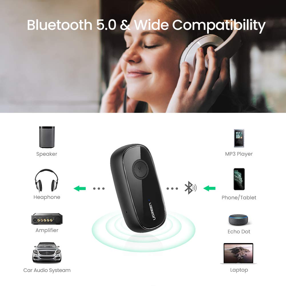 UGREEN Bluetooth Receiver 5.0 Car Adapter Portable Wireless Audio 3.5mm AUX Music Streaming Speaker Hands-Free Mic (70304) Ugreen