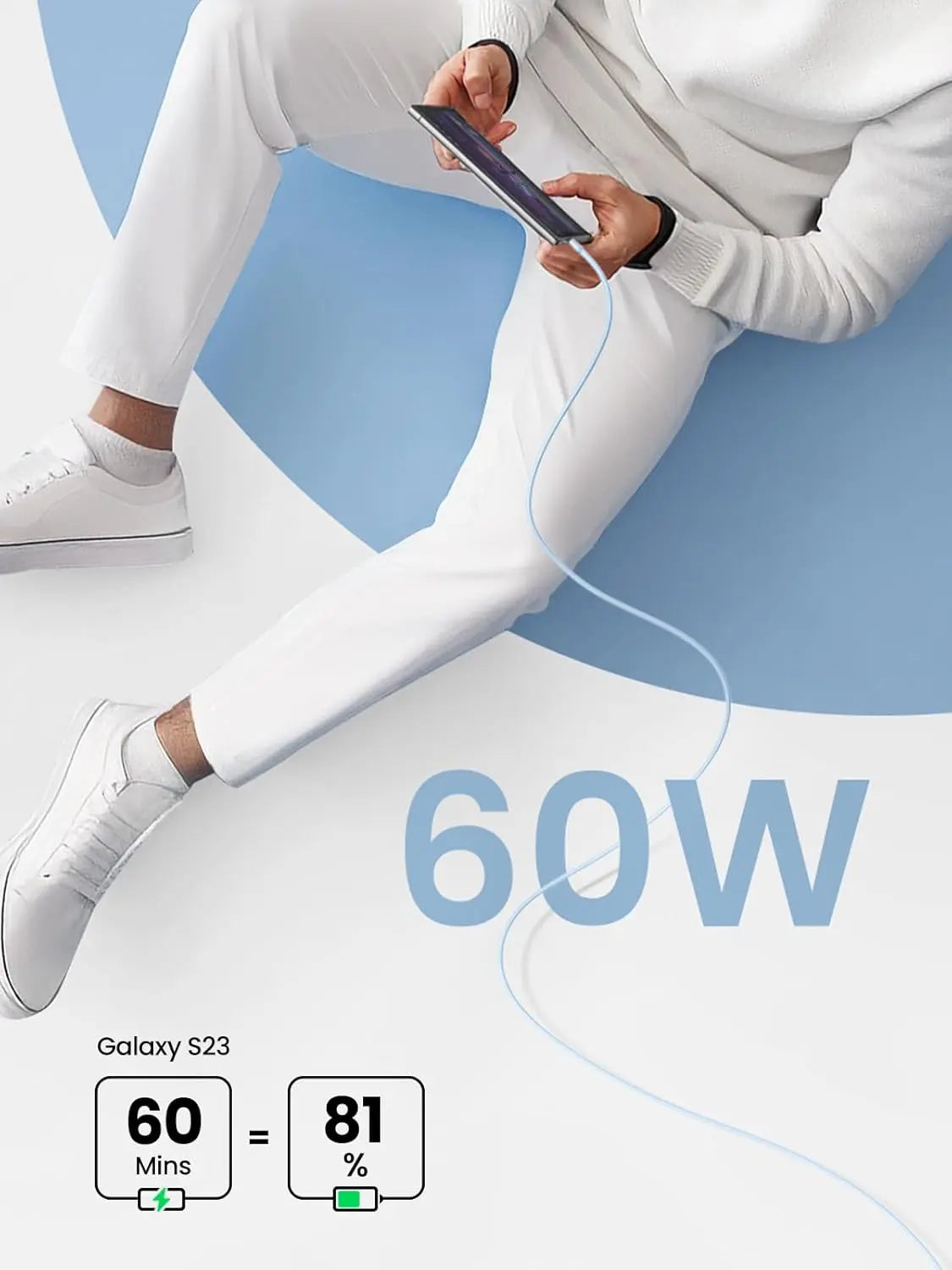 UGREEN USB C to USB C Silicone Charging Cable 1M 60W Galaxy S23 S22 Ultra MacBook Pro iPad Pro Air Pixel Blue (15279) Ugreen