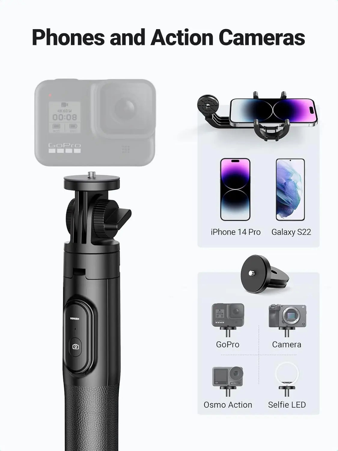 UGREEN Bluetooth Selfie Stick 3-in-1 Tripod Extendable Monopod Wireless Remote Control iPhone 14 13 12 Phone Camera 15062 Ugreen