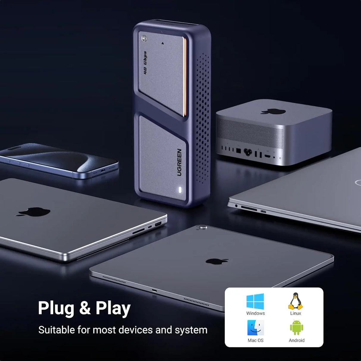 UGREEN 40Gbps M.2 NVMe Enclosure Cooling Fan Anti-Drop SSD Aluminum M/B+M Key 2280 2260 Thunderbolt 3/4 USB4 (15976) Ugreen