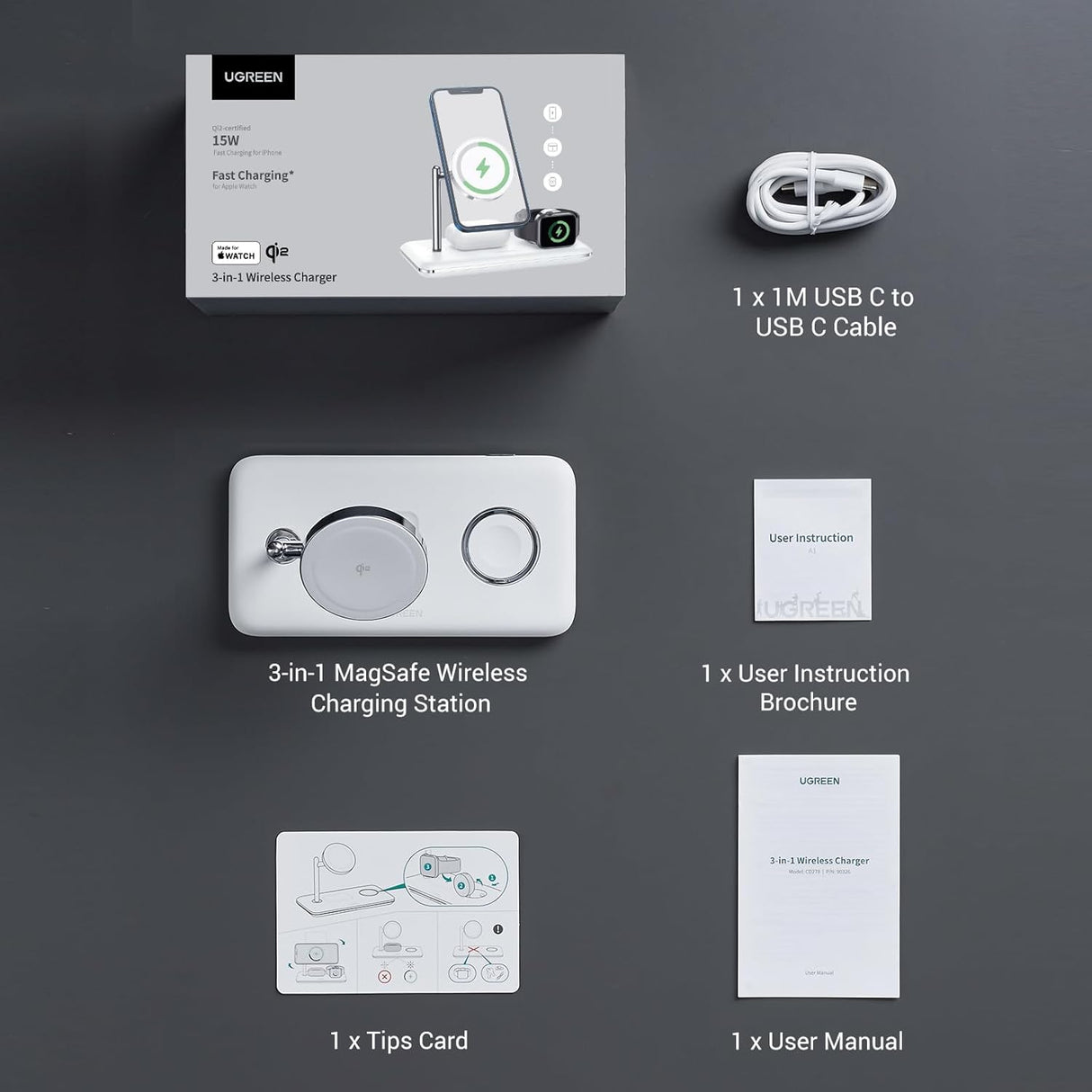 UGREEN 3-in-1 MagSafe Wireless Charging Station 25W Fast Magnetic Charger iPhone 15/14/13/12 AirPods Apple Watch Foldable White 90326 Ugreen