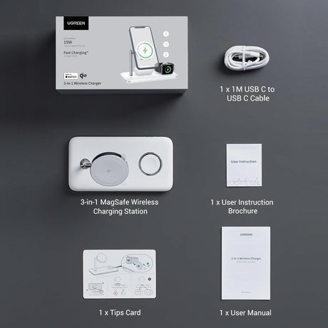 UGREEN 3-in-1 MagSafe Wireless Charging Station 25W Fast Magnetic Charger iPhone 15/14/13/12 AirPods Apple Watch Foldable White 90326 Ugreen