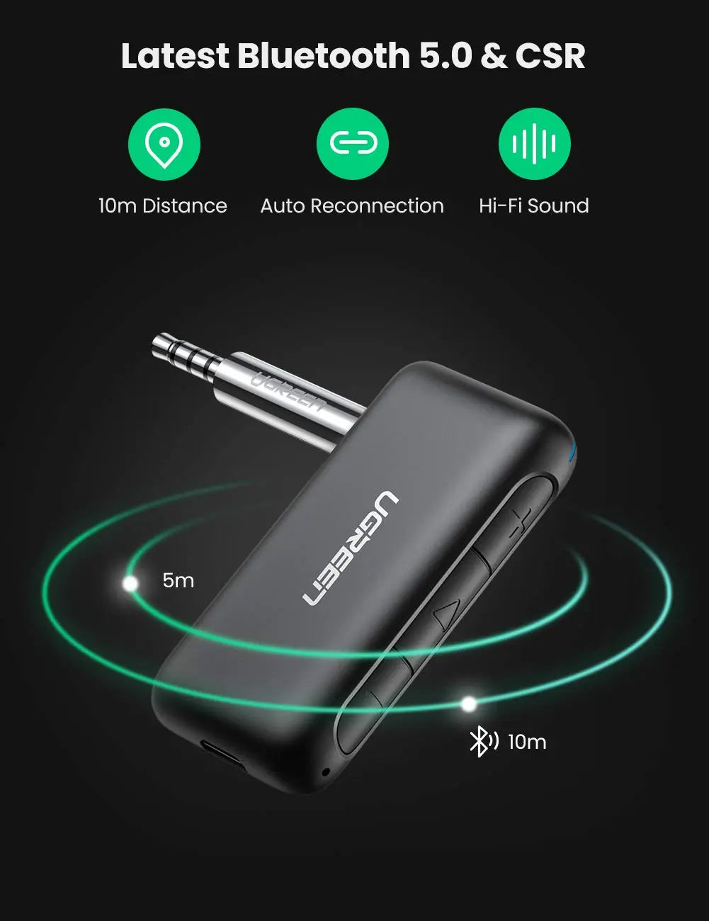 UGREEN Portable Bluetooth 5.0 Receiver Car Wireless Audio Adapter 3.5mm AUX Stereo Output Built-in Microphone 70303 Ugreen