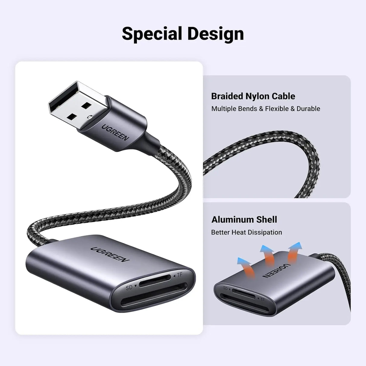 UGREEN USB 3.0 Card Reader 2-in-1 SD TF Micro SD SDHC SDXC MMC Aluminum Case Memory Card Reader PC Laptop 80887 Ugreen