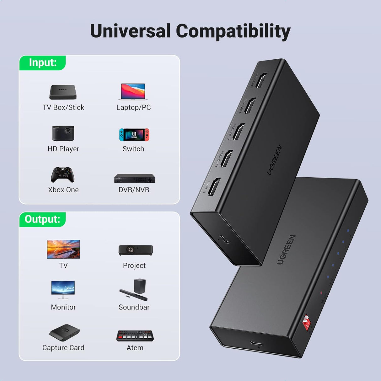 UGREEN 1x4 HDMI Splitter 4K@60Hz HDMI 2.0 Splitter 1 In 4 Out 18Gbps Bandwidth UHD Full HD 3D TV Monitor Projector Quad 90514 Ugreen